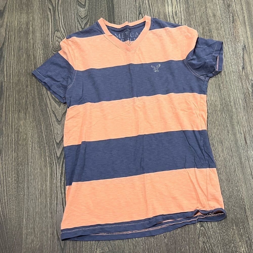 American Eagle Tee Shirt Short Sleeves V-Neck Casual Striped Orange Blue Small